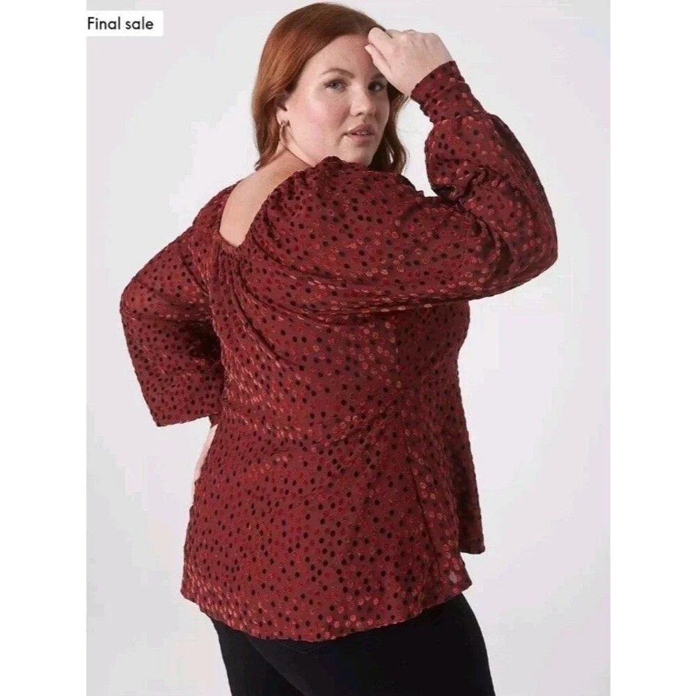 Babydoll Velvet Top Last Letter Burnout Blouson Sleeves Sz 14 Lane Bryant - Picture 2 of 16